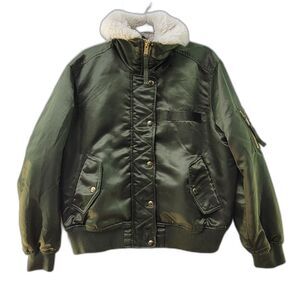 Gap Army Green Satin Bomber Jacket Faux Fur Collar Long Sleeves Front Pockets M